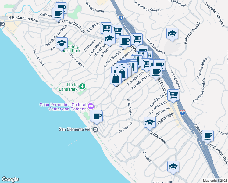 map of restaurants, bars, coffee shops, grocery stores, and more near 249 Avenida Del Mar in San Clemente