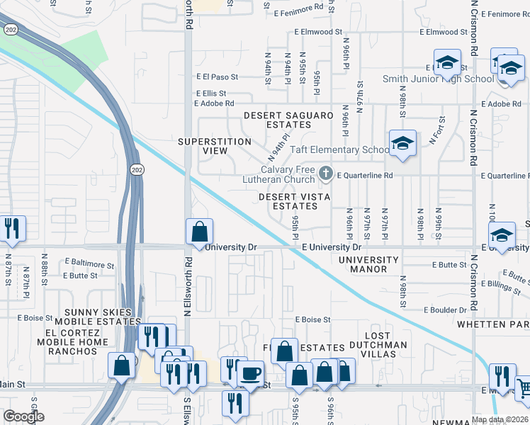 map of restaurants, bars, coffee shops, grocery stores, and more near 502 North 94th Way in Mesa