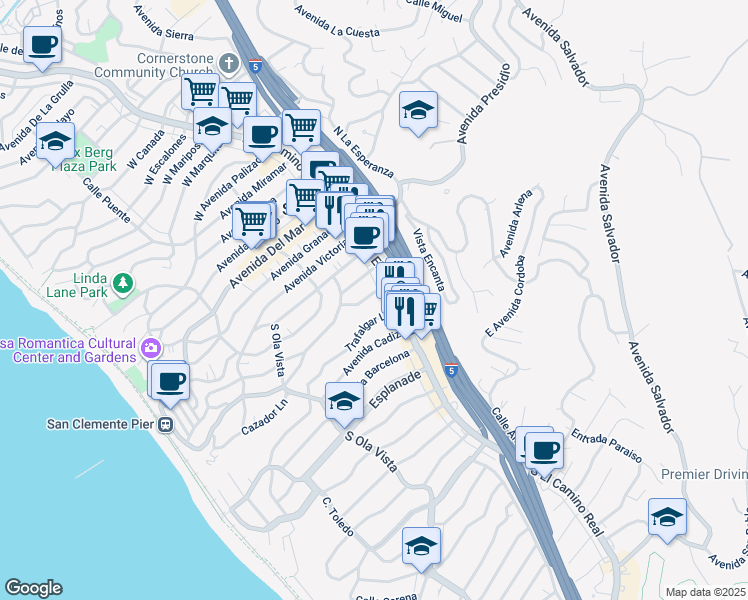map of restaurants, bars, coffee shops, grocery stores, and more near 117 Avenida Algodon in San Clemente