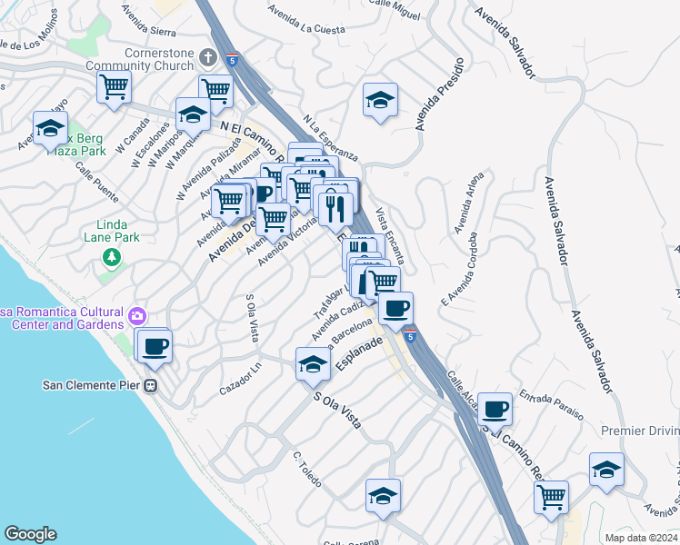 map of restaurants, bars, coffee shops, grocery stores, and more near 117 Avenida Algodon in San Clemente