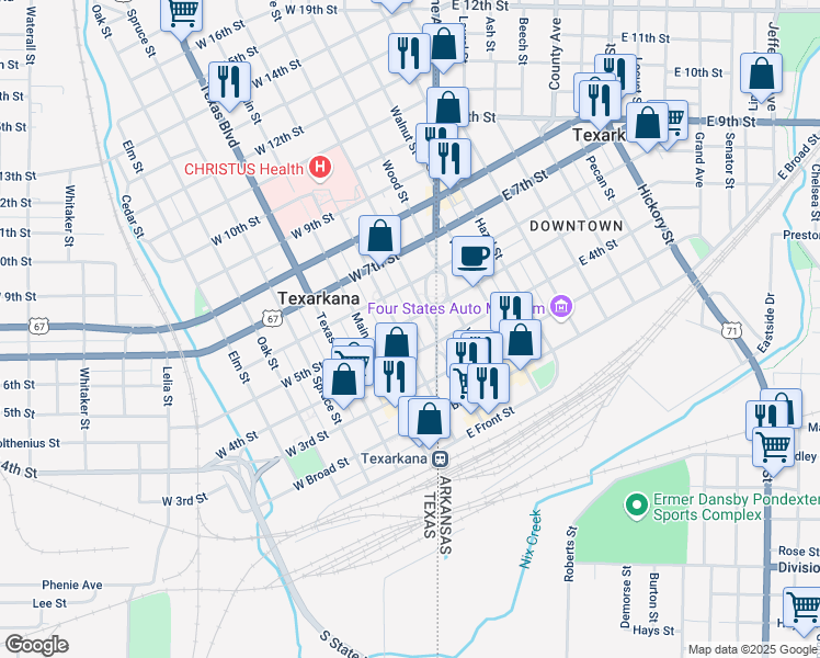 map of restaurants, bars, coffee shops, grocery stores, and more near 420 Pine Street in Texarkana