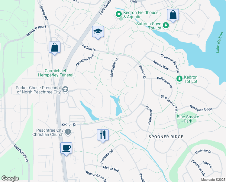 map of restaurants, bars, coffee shops, grocery stores, and more near 129 Mellington Lane in Peachtree City