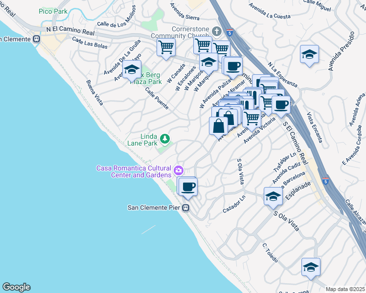 map of restaurants, bars, coffee shops, grocery stores, and more near in San Clemente