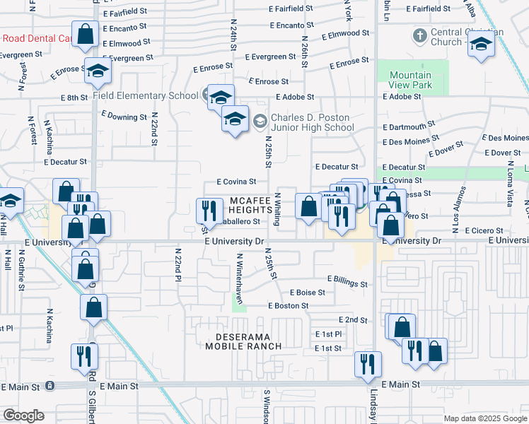 map of restaurants, bars, coffee shops, grocery stores, and more near 466 North Whiting in Mesa