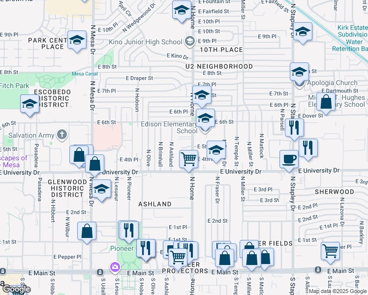 map of restaurants, bars, coffee shops, grocery stores, and more near 514 North Horne in Mesa