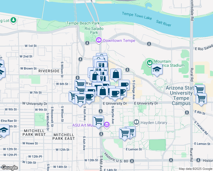 map of restaurants, bars, coffee shops, grocery stores, and more near 21 East 6th Street in Tempe