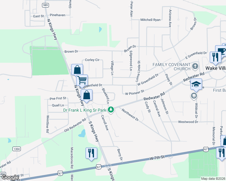 map of restaurants, bars, coffee shops, grocery stores, and more near 312 West Greenfield Drive in Wake Village
