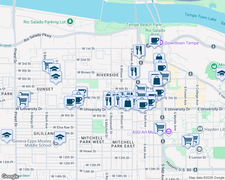 map of restaurants, bars, coffee shops, grocery stores, and more near 609 South Roosevelt Street in Tempe
