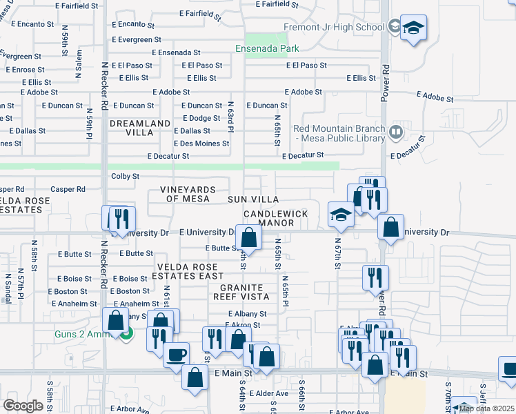 map of restaurants, bars, coffee shops, grocery stores, and more near 460 North 64th Place in Mesa