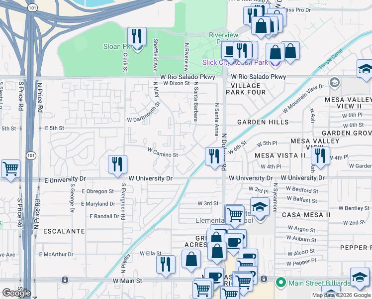 map of restaurants, bars, coffee shops, grocery stores, and more near 12 West Camino Street in Mesa