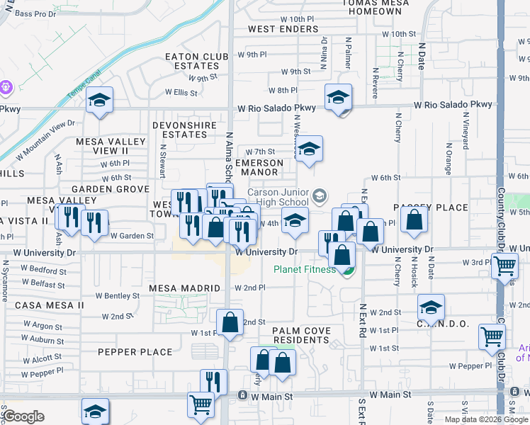 map of restaurants, bars, coffee shops, grocery stores, and more near 1036 West 5th Street in Mesa