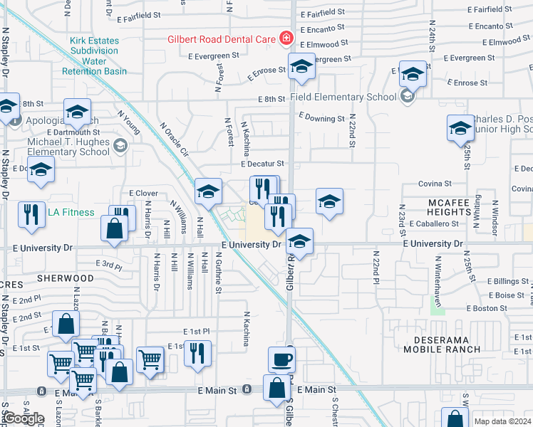 map of restaurants, bars, coffee shops, grocery stores, and more near 1900 East University Drive in Mesa