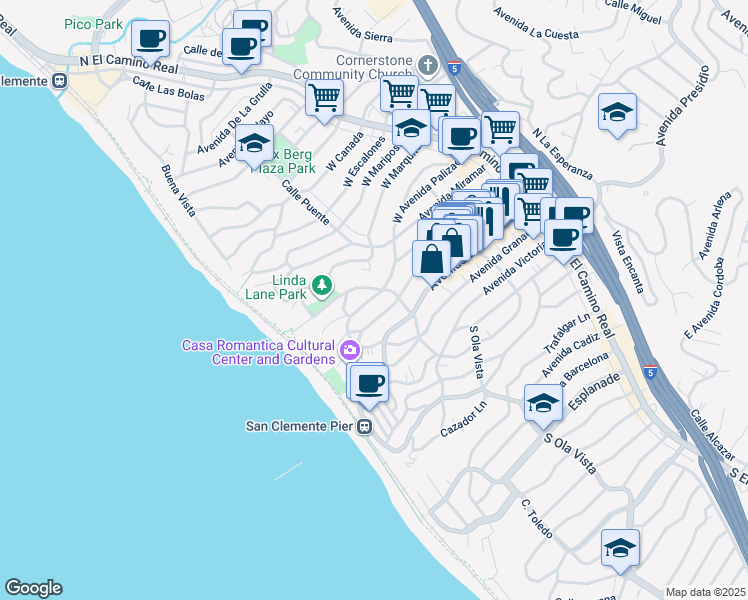 map of restaurants, bars, coffee shops, grocery stores, and more near in San Clemente