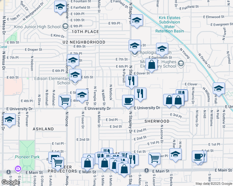 map of restaurants, bars, coffee shops, grocery stores, and more near 520 North Stapley Drive in Mesa