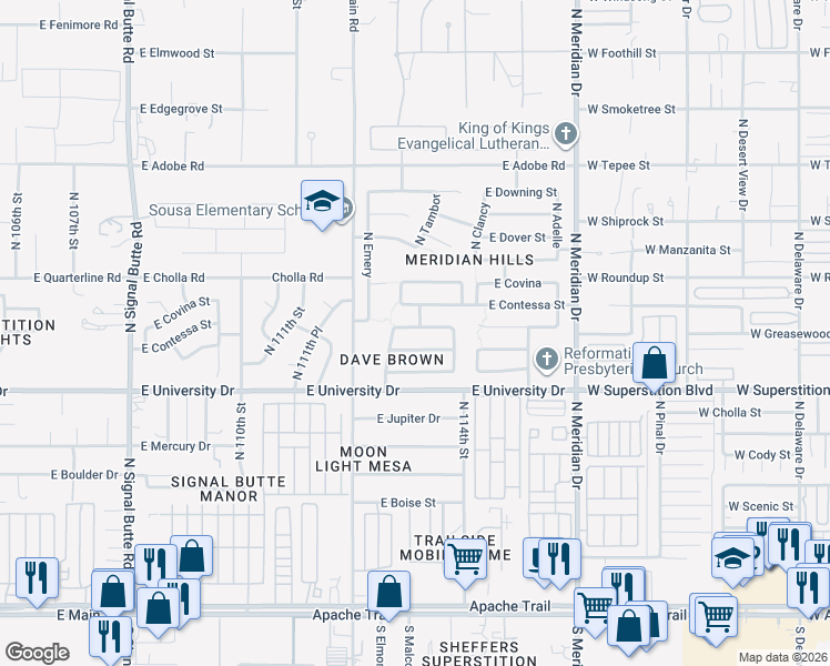 map of restaurants, bars, coffee shops, grocery stores, and more near 11312 East Camino Street in Mesa