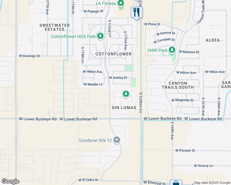 map of restaurants, bars, coffee shops, grocery stores, and more near 2406 South 172nd Lane in Goodyear
