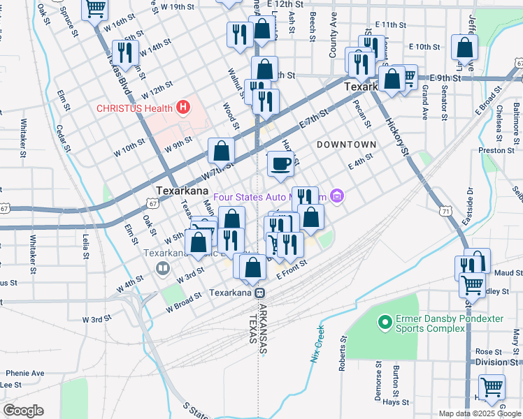 map of restaurants, bars, coffee shops, grocery stores, and more near in Texarkana