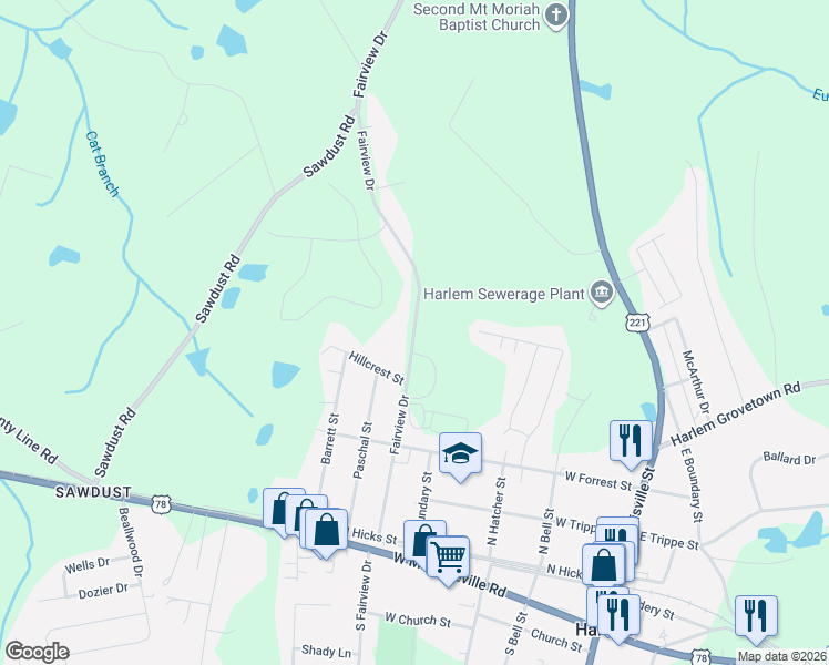 map of restaurants, bars, coffee shops, grocery stores, and more near 598 Fairview Drive in Harlem