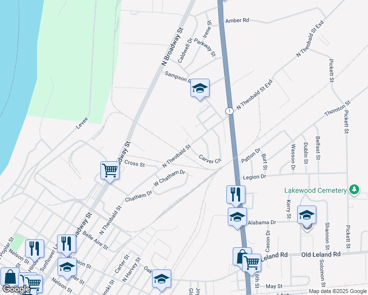 map of restaurants, bars, coffee shops, grocery stores, and more near 906 North Theobald Street in Greenville