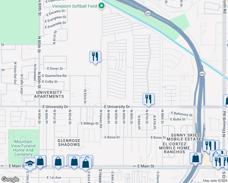 map of restaurants, bars, coffee shops, grocery stores, and more near Ln 3400 in Mesa