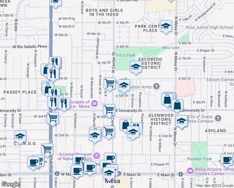 map of restaurants, bars, coffee shops, grocery stores, and more near 517 North Center Street in Mesa