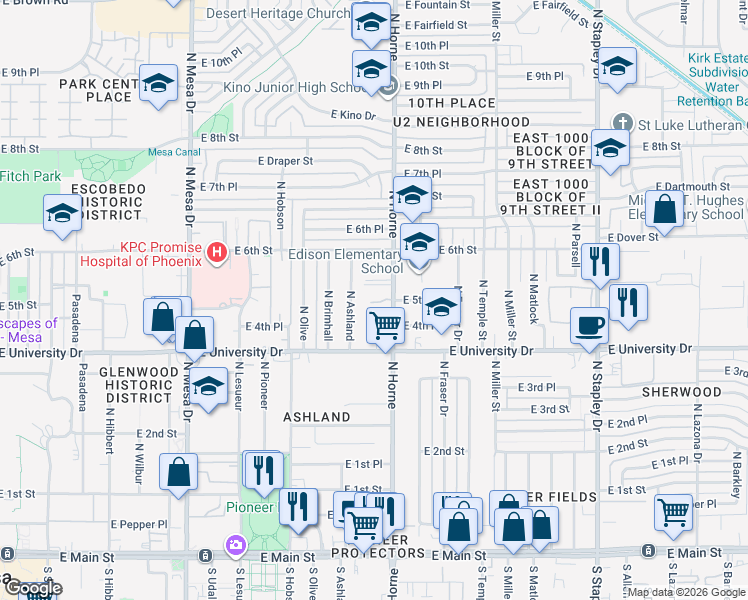 map of restaurants, bars, coffee shops, grocery stores, and more near 514 North Horne in Mesa