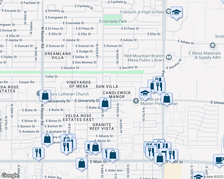 map of restaurants, bars, coffee shops, grocery stores, and more near 506 North 64th Place in Mesa