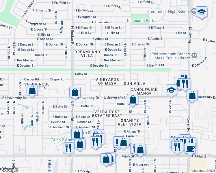 map of restaurants, bars, coffee shops, grocery stores, and more near 6252 East Covina Street in Mesa