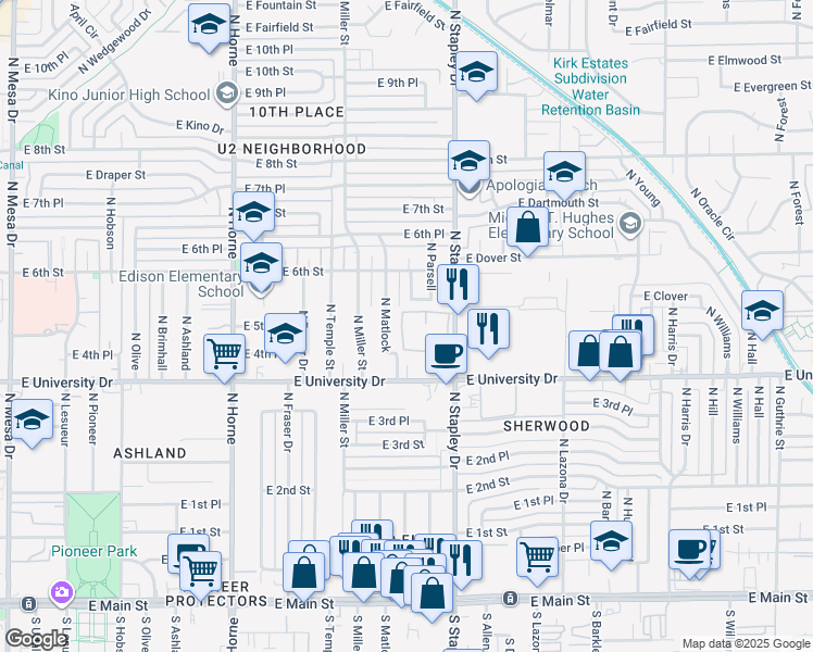 map of restaurants, bars, coffee shops, grocery stores, and more near 520 North Stapley Drive in Mesa