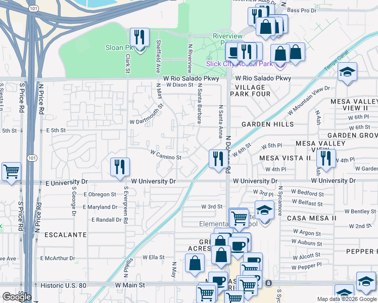 map of restaurants, bars, coffee shops, grocery stores, and more near 12 West Camino Street in Mesa