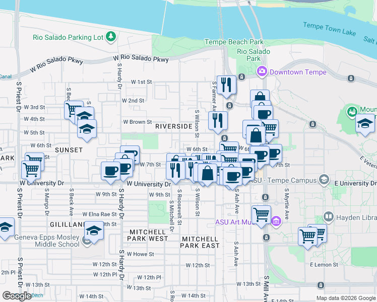 map of restaurants, bars, coffee shops, grocery stores, and more near 550 West 6th Street in Tempe