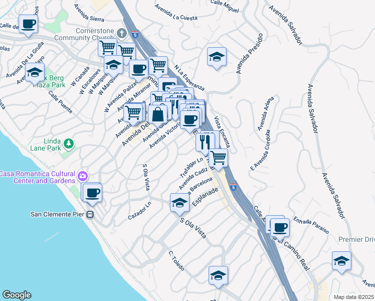 map of restaurants, bars, coffee shops, grocery stores, and more near 203 Avenida Monterey in San Clemente