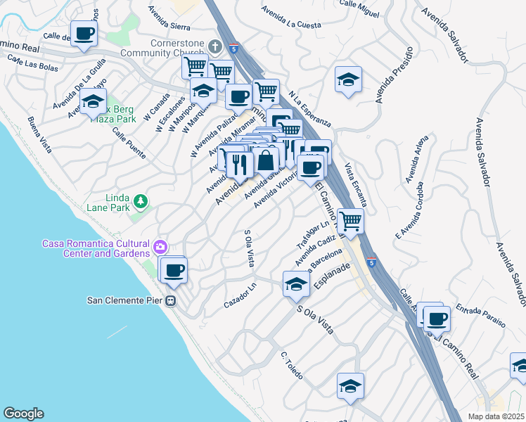 map of restaurants, bars, coffee shops, grocery stores, and more near 202 Avenida Rosa in San Clemente