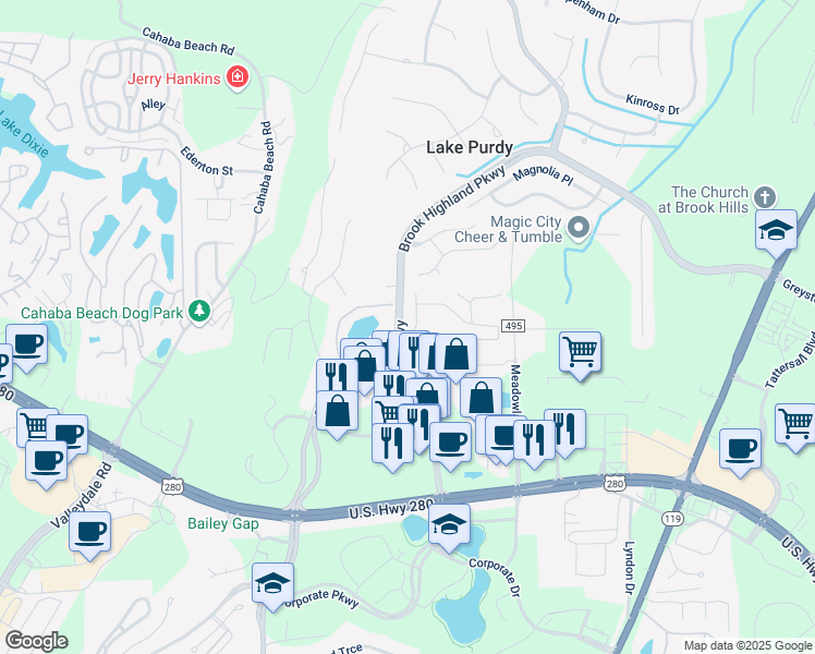 map of restaurants, bars, coffee shops, grocery stores, and more near 102 Meadow Drive in Birmingham