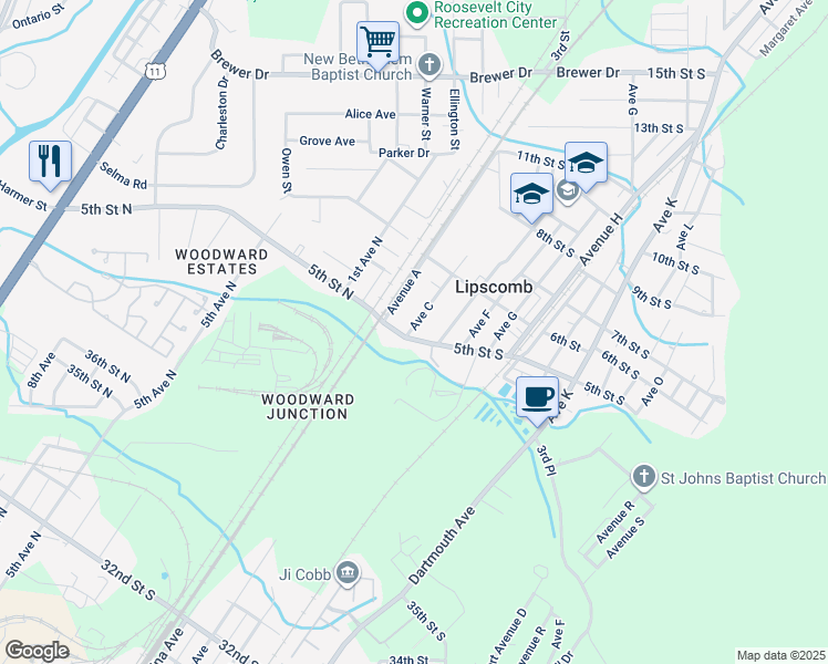 map of restaurants, bars, coffee shops, grocery stores, and more near 5511 Avenue C in Bessemer