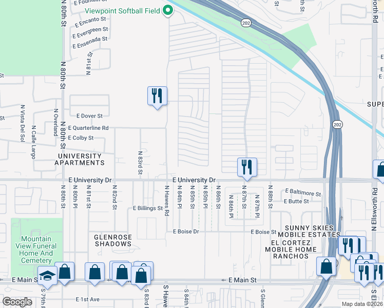 map of restaurants, bars, coffee shops, grocery stores, and more near Ln 3400 in Mesa