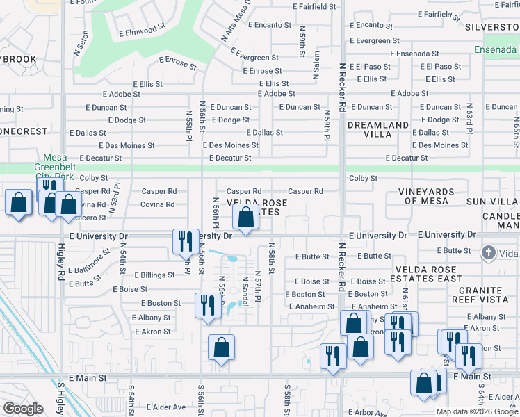 map of restaurants, bars, coffee shops, grocery stores, and more near 5740 East Covina Street in Mesa