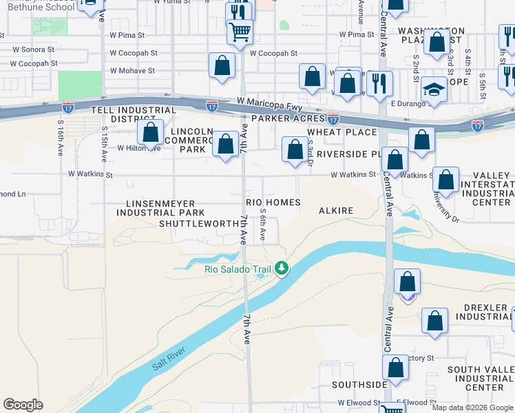 map of restaurants, bars, coffee shops, grocery stores, and more near 2430 South 6th Avenue in Phoenix
