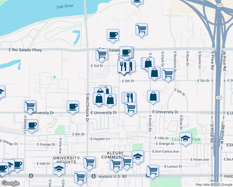 map of restaurants, bars, coffee shops, grocery stores, and more near 623 S Perry Ln in Tempe
