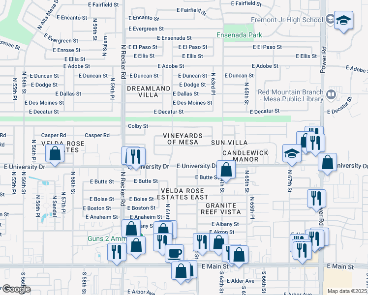 map of restaurants, bars, coffee shops, grocery stores, and more near 6252 East Covina Street in Mesa