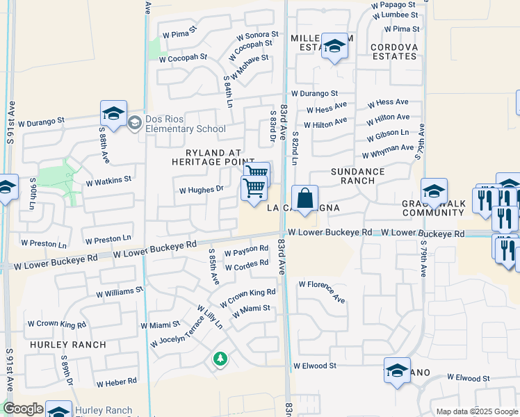 map of restaurants, bars, coffee shops, grocery stores, and more near 2626 South 83rd Avenue in Phoenix