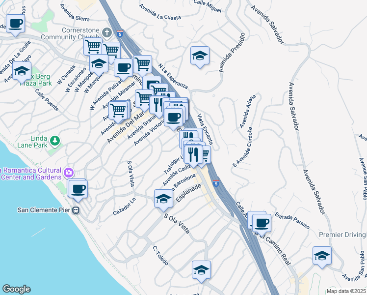 map of restaurants, bars, coffee shops, grocery stores, and more near 626 South El Camino Real in San Clemente