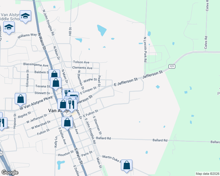 map of restaurants, bars, coffee shops, grocery stores, and more near 906 E Jefferson St in Van Alstyne