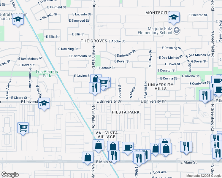 map of restaurants, bars, coffee shops, grocery stores, and more near 12 East Highland Park Manor in Mesa