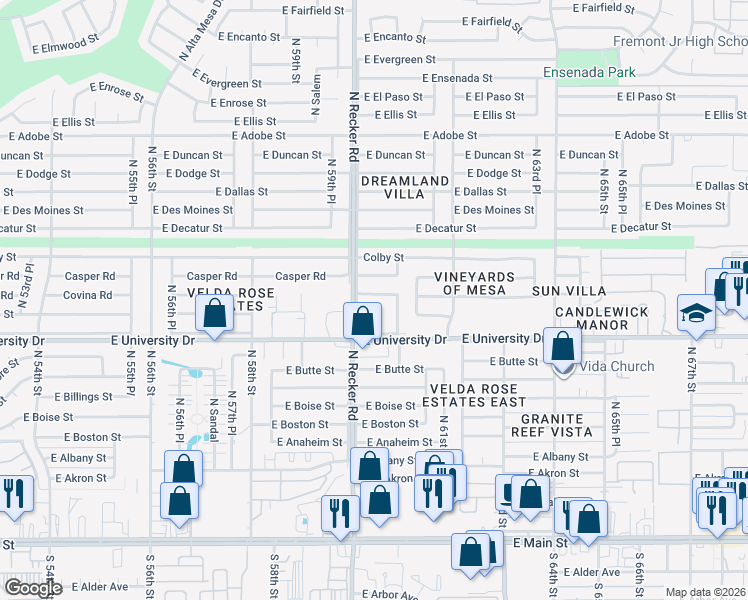 map of restaurants, bars, coffee shops, grocery stores, and more near 6027 East Covina Street in Mesa