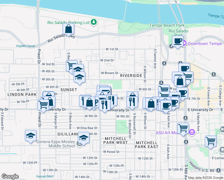 map of restaurants, bars, coffee shops, grocery stores, and more near 615 South Hardy Drive in Tempe