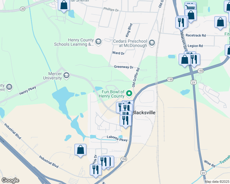 map of restaurants, bars, coffee shops, grocery stores, and more near 2028 Therron Drive in McDonough