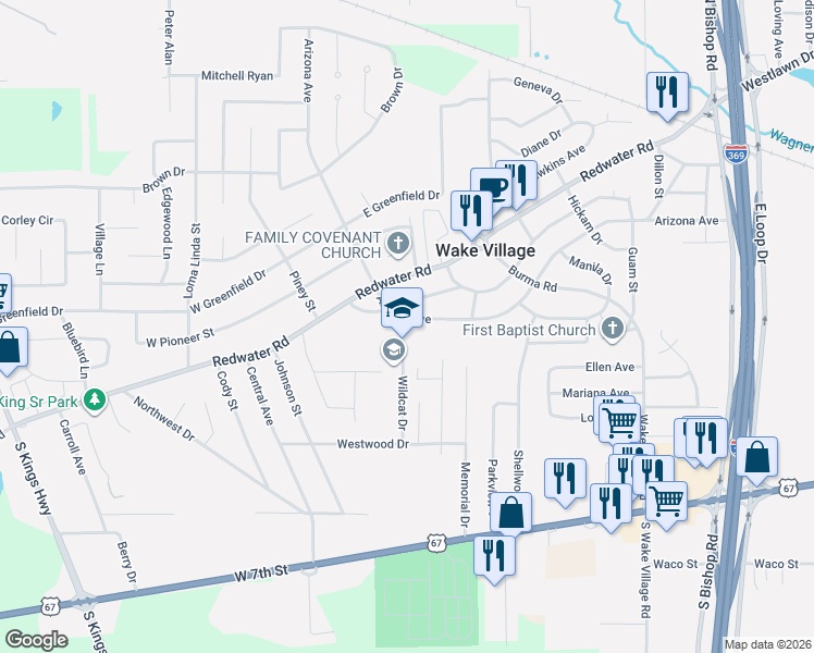 map of restaurants, bars, coffee shops, grocery stores, and more near 409 Arizona Avenue in Wake Village