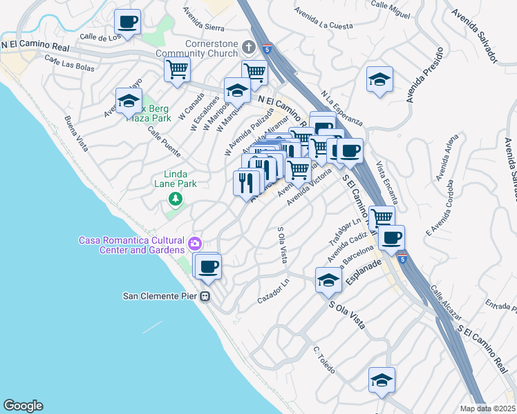map of restaurants, bars, coffee shops, grocery stores, and more near 240 Avenida Granada in San Clemente