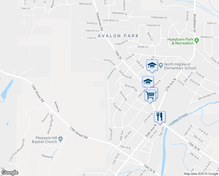 map of restaurants, bars, coffee shops, grocery stores, and more near 1717 Faircrest Drive in Hueytown